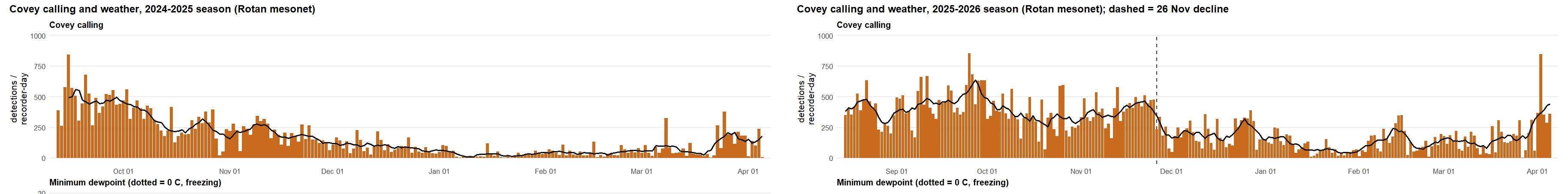 Comparison of covey calling tops in 2024 versus 2025 — detections much stronger in 2025